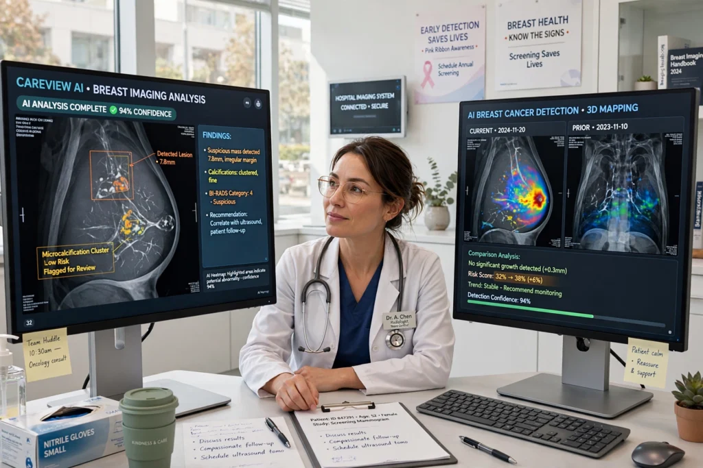 Radiologist reviewing mammogram scans with AI assistance for early breast cancer detection